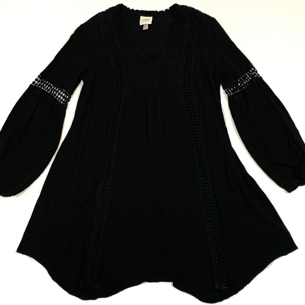 Knox Rose Black Boho Long Bell Sleeve Crochet V Neck Peasant Swing Dress Medium